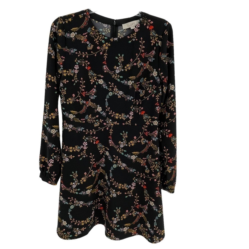 LOFT Black Flower Garland Flare Long Sleeve Dress - Fall/Winter - Sz 2
